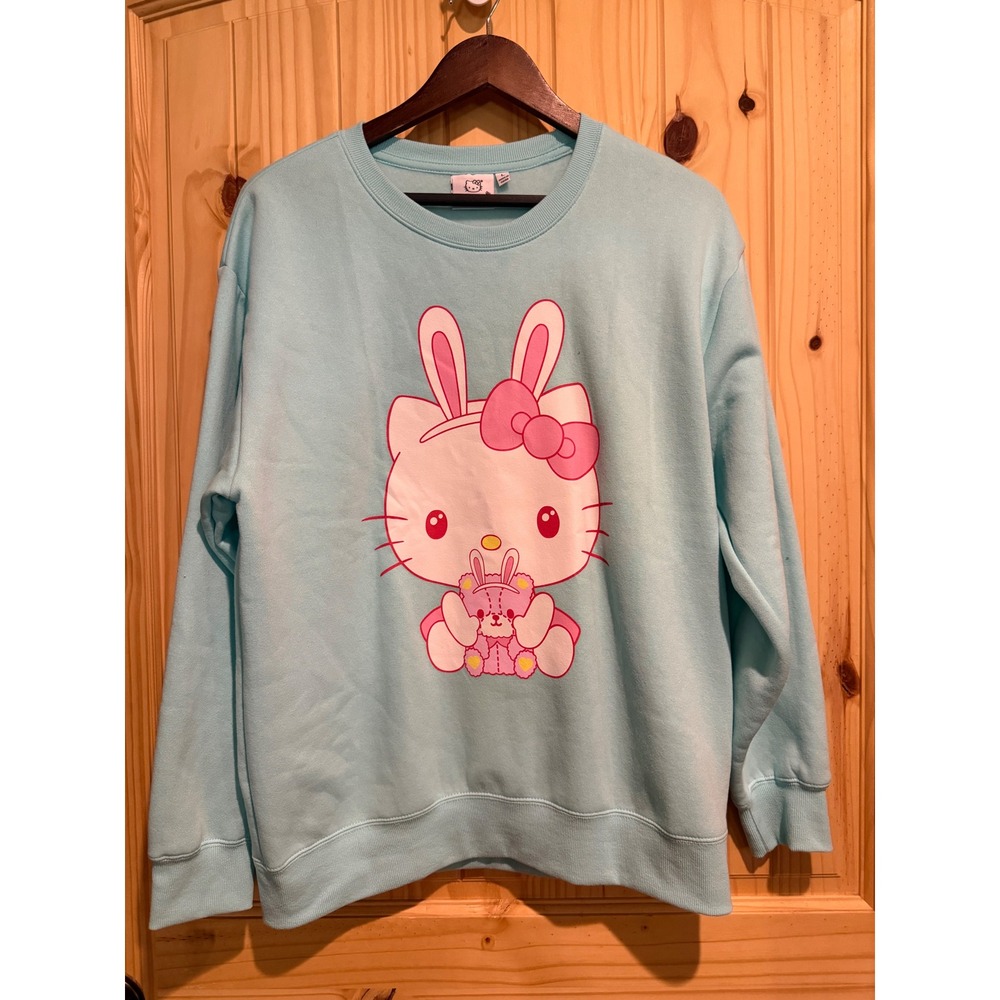 Hello Kitty Sanrio Bunny Ears Graphic Sweatshirt Aqua Blue Crewneck Large